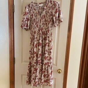 Bohme Burgundy and Beige Floral Midi Dress